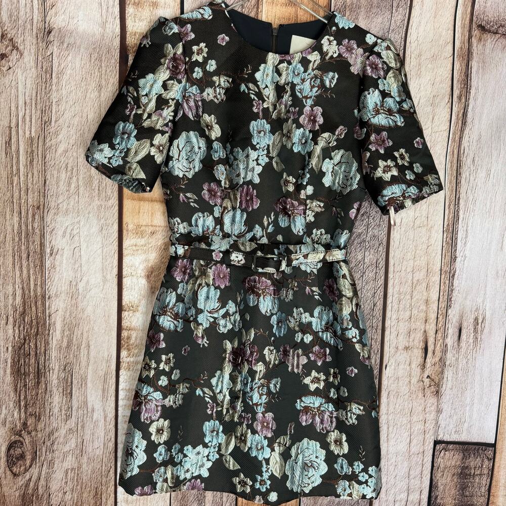 Gal Meets Glam Dress Presley Floral Jacquard Tapestry Size 2‎ Short Sleeves Belt